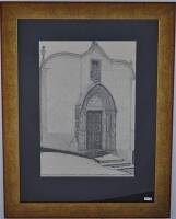 Lote 85 - Francisco Gomes Louro (ORIGINAL), desenho a tinta da china s/papel, motivo "Pórtico da Igreja de S. Pedro de Elvas", assinado, datado de 1938 (o verso ostenta uma nova assinatura do artista e a indicação de que se trata do Pórtico Romano-Gótico 