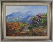 Lote 108 - Quadro com pintura a óleo sobre platex de Cândida Cunha (1927), assinado - ORIGINAL - motivo "Serra de Sintra", com 58x78 cm. Esta obra apresenta na parte posterior a inscrição "1º prémio XIV Salão de Arte Ferreira Borges, 1990"