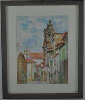 Lote 138 - Quadro com aguarela sobre papel, assinado H. Brito - ORIGINAL - motivo "Paisagem Algarvia - Cidade de Lagos", com 43x32 cm