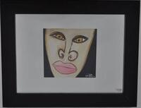 Lote 196 - C M Pereira (ORIGINAL), tempera s/papel, motivo "African Face with Pink Lips (Rosto Africano com Lábios Cor-de-Rosa)", assinado, datável da década de 90, com 18x19cm. NOTA: artista emergente representada em colecções particulares com um regist