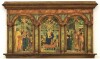 Lote 4 - QUADRO RELIGIOSO - Retábulo de madeira com reproduções, motivo “Imagem de Nossa Senhora e o Menino e os Apóstolos”, com 60x100 cm. Nota: madeira com xilófagos, falhas e defeitos.