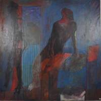 Lote 131 - Quadro com pintura a óleo sobre tela de Francisco Trabulo - ORIGINAL - assinado e datado de 1987, motivo "Figurativo - Saída. Manhã…", com 160x160 cm. Esta obra custou 7.500 euros em Galeria no Porto.