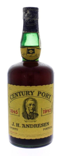 Lote 1979 - CENTURY PORT - Garrafa de Vinho do Porto, Century Port, 1845-1945, tinto aloirado-Doce, J. H. Andresen. Nota: garrafa idêntica à venda por € 240. Consultar http://www.custojusto.pt/porto/vinho-gastronomia/porto-centenario-century-port-20291796