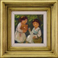 Lote 6028 - MARIA FERNANDA AMADO (n.1940) - Original - Pintura a óleo sobre platex, assinada, motivo "Meninas", com 25x25 cm (moldura dourada com 49x49 cm). Obra desta autora foi vendida por € 1.300 numa leiloeira em Lisboa. Nota: Maria Fernanda Amado é u