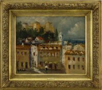 Lote 6041 - HILÁRIO ROBERTO (n.1927) - Original – Pintura a óleo sobre tela, assinada, motivo “Paisagem com Casario e Castelo”, com 50x61 cm (moldura de madeira dourada com 75x86 cm, com pequenas falhas). Óleo deste autor foi vendido por € 1.000 (referênc