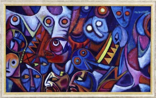 Lote 6130 - MALANGATANA (1936-2011) - Original - Pintura de técnica mista sobre tela sobre platex, assinada, datada de 1984, motivo “Figuras Africanas”, com 52x87 cm (moldura com 58x94 cm, com pequenas falhas). Obra deste autor foi vendida por € 13.800 na