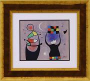 Lote 6188 - JOAN MIRÓ (1893-1983) - Original – Pintura a guache sobre papel, assinada, motivo "Figuras”, com 29x34 cm (moldura dourada com 57,5x64 cm). Com Certificado de Autenticidade e proveniência. Guache deste autor foi vendido por € 1.084.090 na leiloeira Christie´s. Nota: Juan Miró foi um escultor, pintor, gravurista e ceramista surrealista catalão...