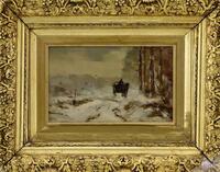 Lote 6211 - LOUIS APOL (1850-1936) - Original - Pintura a óleo sobre madeira, assinada, motivo ""Paisagem de Neve com Carroça”, com 25x41 cm (moldura de origem, madeira dourada com 54x68 cm, com falhas e defeitos). Obra deste autor foi vendida por € 38.57