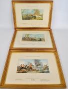 Lote 1870341 - 3 litogravuras com motivo "Fox Hunting", com 37x49 cm, uma delas sem vidro, com moldura em madeira pintada a dourado, usadas, com falhas