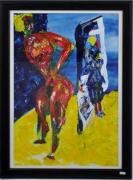 Lote 126 - Quadro com pintura a acrílico sobre papel de Dinis Silva - ORIGINAL - motivo "Figuras", 70x50 cm