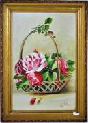 Lote 158 - Quadro com pintura a óleo sobre tela colada sobre cartão, assinado Zulmira, datado de 1955, motivo "Cesta com Flores", com 42x28 cm (moldura com 51,5x37 cm)