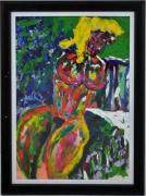 Lote 163 - Quadro com pintura a acrílico sobre papel de Dinis Silva - ORIGINAL - motivo "Figura Feminina", 70x50 cm