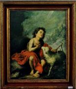 Lote 30 - Quadro com reprodução a óleo sobre tela de uma obra do séc. XVII do pintor espanhol Murillo, motivo "São João Batista", com 41x33 cm (moldura antiga com falhas)