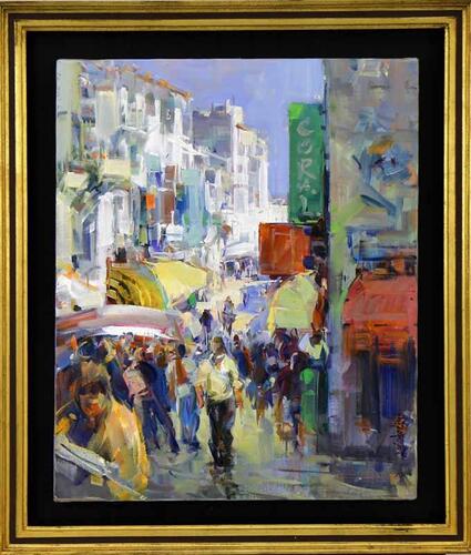 Lote 6013 - DAVID LEVY LIMA (n.1945) - Original - Pintura a óleo sobre tela, assinada, motivo "Centro de Cascais - Rua Direita", com 47x38 cm (moldura dourada com 58x50 cm). Obra deste autor foi vendida por € 1.200 numa leiloeira em Lisboa. Nota: David Le