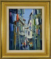 Lote 6051 - MANUEL GREGÓRIO PEREIRA (1931-2013) - Original - Pintura a óleo sobre tela, assinada, título "Alfama - Lisboa”, com 50x40 cm (moldura com 71x61 cm, pequenas falhas, riscos). Óleo deste pintor foi vendido € 2.500 numa leiloeira em Lisboa. Nota: