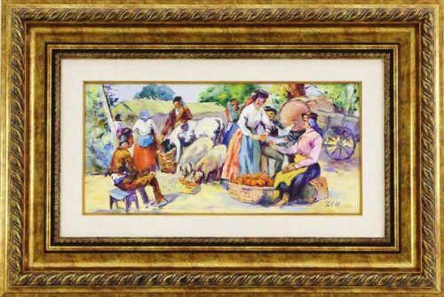 Lote 6059 - MOTA URGEIRO - Original - Pintura a óleo sobre madeira, assinada, título "Mercado Saloio”, com 25x50 cm (moldura dourada com 53x79 cm). Óleo deste autor foi vendido por € 3.400 numa leiloeira em Lisboa. Nota: Mota Urgeiro é considerado o expoe