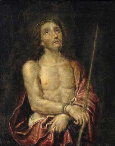 Lote 6109 - ESCOLA FLAMENGA / SÉCULO XVII – Original – Pintura a óleo sobre tela, não assinada, motivo “Cristo da Cana – Ecce Homo”, com 42x34,5 cm (moldura com 57x49 cm, tela com restauro antigo). Escola Flamenga do século XVII, de temática semelhante, f