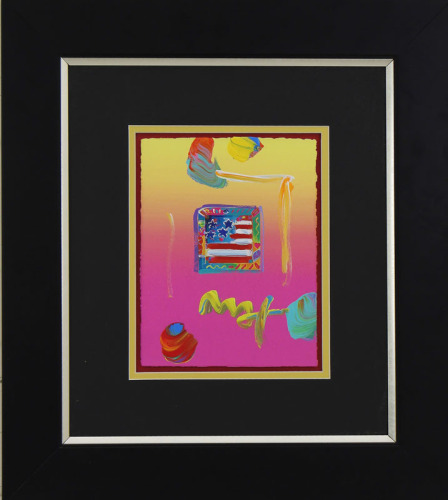 Lote 6118 - PETER MAX (N.1937) - Original, Técnica mista sobre papel, assinada, motivo "Liberty and Justice for All", com 27,5x21,5 cm (moldura com 62x55 cm). Técnica mista deste autor foi vendida por € 2.841 na leiloeira Leland Little , Hillsborough NC n