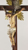 Lote 6119 - CRUCIFIXO COM CRISTO SÉC. XVIII - Trabalho português. Cristo em madeira entalhada e policromada e crucifixo em pau santo com base entalhada e terminais de cruz em talha dourada. Resplendor e legenda em prata. Dim: 36 cm (Cristo) e 116 cm (cruc - 4