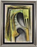 Lote 6156 - WILFREDO LAM (1902-1982) / ATRIBUÍDO – Original – Pintura de técnica mista sobre papel, assinado, datado de 1973, motivo "Figuras Surrealistas", com 73x53 cm (moldura com 92x72 cm). Com Certificado de Autenticidade e Proveniência (Atribuído). 