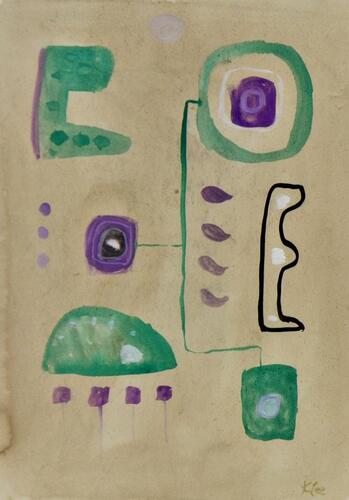 Lote 6172 - PAUL KLEE (1879-1940) - Original – Guache sobre papel, assinado, título "Green/Purple Abstract", com 37x27 cm (moldura com 40x30 cm). Acompanha Certificado de Autenticidade e Proveniência. Obra de técnica semelhante foi vendida por € 94.350 na