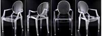 Lote 6188 - GHOST CHAIR LOUIS - Conjunto de 4 Cadeiras de braços ao estilo Luís XV Louis Ghost Chair Kartel, design de Phillippe Stark, reproduções em policarbonato transparente. Cadeiras originais têm um pvp de conjunto de € 1.627. Dim: 92x52x42 cm. Cons