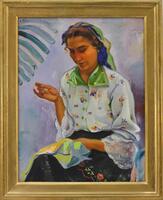 Lote 6192 - GUILHERME FILIPE (1897-1971) - Original – Pintura a óleo sobre tela, assinada, título "Costureira da Nazaré”, com 84x64 cm (moldura dourada com 99x80 cm). Óleo deste autor foi vendido por € 1.800 numa leiloeira em Lisboa. Esta Obra fez parte d