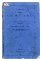 Lote 1354 - LIVRO “LETTRE ADRESSÉE AU COMTE GOBLET D'ALVIELLA” - Em língua francesa. Por “Marquis de Sá da Bandeira sur l'ouvrage L'établissement des cobourg en Portugal”. Editado por “Imprimiere Nationale”, 1870. Dim: 21x14 cm. Livro de capa de brochura.