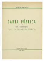 Lote 1902 - LIVRO “CARTA PÚBLICA AO SR. DEPUTADO PINTO DE MEYRELLES BARRIGA” - Por Alfredo Pimenta. Edição do Autor, Lisboa 1949. Dim: 22x17 cm. Livro de capa de brochura. Nota: sinais de manuseamento