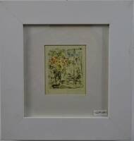 Lote 1960011 - Marc Chagall (1887-1985) reprodução sobre papel com 9,5x8cm, reproduz a obra "Fenêtre de l'atelier" de 1968. Dimensão da moldura 27x25,5cm.