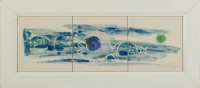 Lote 20 - CARLOS PÉ-LEVE – Painel de 3 azulejos, assinado, motivo “Peixes”, com 15x45 cm (moldura com 24x54 cm). Obra deste autor foi vendida por € 299 na Oportunity Leilões. Nota: Pé-Leve tem um vasto trabalho na área da pintura mas, de alguns anos a est