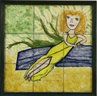 Lote 152 - ALEX. FERREIRA – Painel de 9 azulejos, assinado, datado de 2001, motivo “Figura Feminina”, com 44x44 cm (moldura com 48x48 cm)