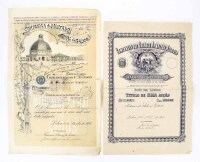 Lote 158 - TÍTULOS DE ACÇÃO – Conjunto composto por 1 título de ação da “Companhia do Mercado Geral de Gados” de 1895, 1 título de ação da “Companhia dos Grandes Armazéns Alcobia” de 1920 e 1 título de 5 ações da “Companhia Continental de Fósforos” de 192