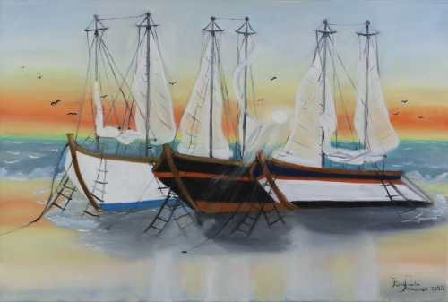 Lote 492 - FERNANDA ROMANO (n.1961) - Original - Pintura a óleo sobre tela, assinada, datada de 2016, título "Barcos”, com 40x60 cm