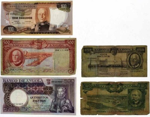 Lote 396 - BANCO DE ANGOLA, NOTAS – Conjunto de notas de 20$00 de 1962, 50$00 de 1956, 100$00 de 1972, 500$00 de 1973 e 500$00 de1970