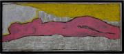 Lote 620 - Quadro com técnica mista sobre cartão de Jorge Leal (1975) - ORIGINAL - assinado, motivo "Nu Feminino", com 58x150 cm (moldura com 66x157 cm, com pequenas falhas)