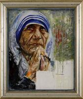 Lote 5174 - M. NUNES - Original – Pintura a óleo sobre tela, assinada, datada de 1998, motivo "Madre Teresa de Calcutá”, com 61x50 cm (moldura prateada com 76x65 cm). Nota: tela com restauro