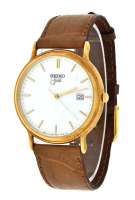 Lote 6002 - SEIKO, RELÓGIO DE PULSO - Modelo Gold Collection, original. Caixa em ouro de 750 com 34 mm e bracelete em pele. Movimento de quartzo. Mostrador com marcadores e data às 3 horas. Relógio similar à venda por € 1.206. Peso: 17 g (sem bracelete). 