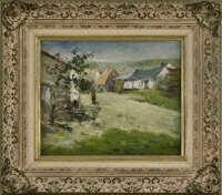 Lote 6051 - LUCIEN FRANK (1857-1920) - Original - Óleo sobre tela colada em madeira, assinado, motivo "Paisagem com Casario e Figura" com 22x27,5 cm (moldura com 37x42 cm). Óleo deste pintor foi vendido por € 15.831 na leiloeira Christies. Nota: Pintor Be