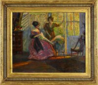 Lote 6069 - JOSEP AMAT (1901-1991) - Original - Pintura a óleo sobre tela, assinada, motivo "Cena de Interior com Figuras", com 54x65 cm (moldura de madeira dourada com 74x85 cm, pintura reentelada). Óleo deste pintor à venda por € 44.207. Nota: Josep Ama