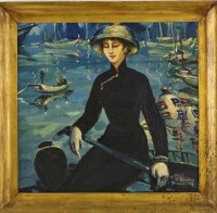 Lote 6153 - LUÍS DEMÉE (N 1929) - Original - Pintura a óleo sobre platex, assinada e datada de 54, motivo "Figura Oriental Feminina em Lago com Barcos", com 60x64 cm (moldura dourada com 73x76 cm). Obra deste pintor foi vendida por € 3.000 numa leiloeira 