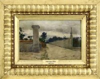 Lote 6123 - HENRIQUE PINTO (1853-1912) – Original – Pintura a óleo sobre cartão, assinada, datada de 1910, motivo “Paisagem com Caminho”, com 19,5x31 cm (moldura revestida a folha de ouro com 38x49 cm). Obra deste autor foi vendida por € 30.000 numa leilo