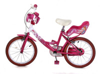 Lote 10 - WINX, BICICLETA DE CRIANÇA – Cor de rosa com autocolantes da “Winx”, com cesto no guiador, assento para boneca, roda 16. Nota: sinais de uso