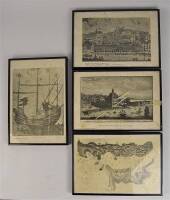 Lote 24 - Conjunto de 4 quadros com reproduções de gravuras, Vista do Rossio anterior ao Terramoto de 1755, Galeão Português 1502, Barra em 1673 e Palácio dos Reis de Portugal em Lisboa, com moldura metálica preta, com 24x35 cm, Nota: apresenta falhas 