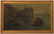Lote 122 - QUADRO - Estampa de pintura a óleo sobre tela, motivo Veneza, com moldura em madeira dourada. Dimensão: 80x130 cm. Moldura com pequenas marcas