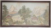 Lote 209 - TAPEÇARIA - Quadro com tapeçaria Goblain com motivo de Casa da Montanha, sobre base de platex, com moldura em madeira. Dimensão: 50x97,5 cm. Tapeçaria com mancha