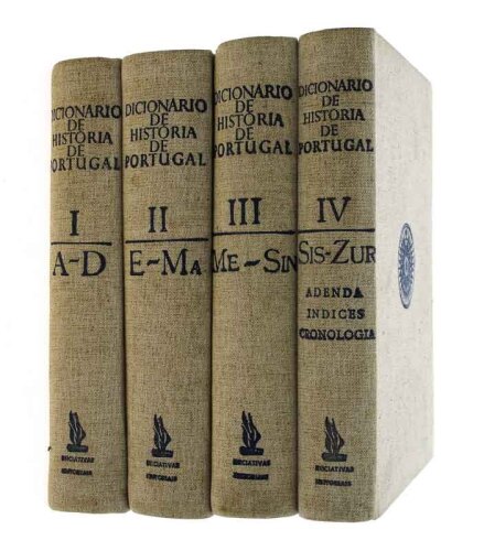 Lote 17 - LIVROS "DICIONÁRIO DE HISTÓRIA DE PORTUGAL" - 4 Vols. Por Joel Serrão. Exemplares idênticos à venda por € 120. Lisboa, Iniciativas Editoriais, 1971. Dim: 25x19 cm. Encadernação cartonada do editor em tela. Nota: exemplares bem estimados. Consult