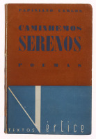 Lote 43 - LIVRO "CAMINHEMOS SERENOS POEMAS" - Por Papiniano Carlos. Editora: Coimbra, Textos Vértice, 1957. 1ª edição. Cinco desenhos de Amândio Silva; Capa de Carlos de Almeida. Rara. Dim: 18,5x12 cm. Encadernação de capa de brochura. Nota: capa e lombad