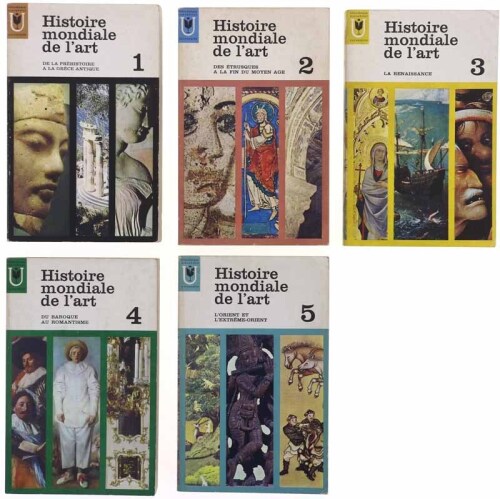 Lote 97 - LIVROS "HISTOIRE MONDIALE DE L'ART" - 5 vols. Por Everard M.Upjohn; Paul S.Wingert; Jane Gaston Mahler. Editora: Belgique, Marabout Université, 1965. Dim: 18x11,5 cm. Encadernações de capas de brochura. Nota: capas e lombadas cansadas