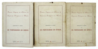 Lote 100 - LIVROS "PRIMEIRO CONGRESSO DE HISTÓRIA DA EXPANSÃO PORTUGUESA NO MUNDO. OS PORTUGUESES EM ÁFRICA" - 3 vols. Edição Lisboa, Ministério das Colónias, 1938. Dim: 24x17 cm. Encadernação de capa de brochura. Nota: sinais de manuseamento, lombada co